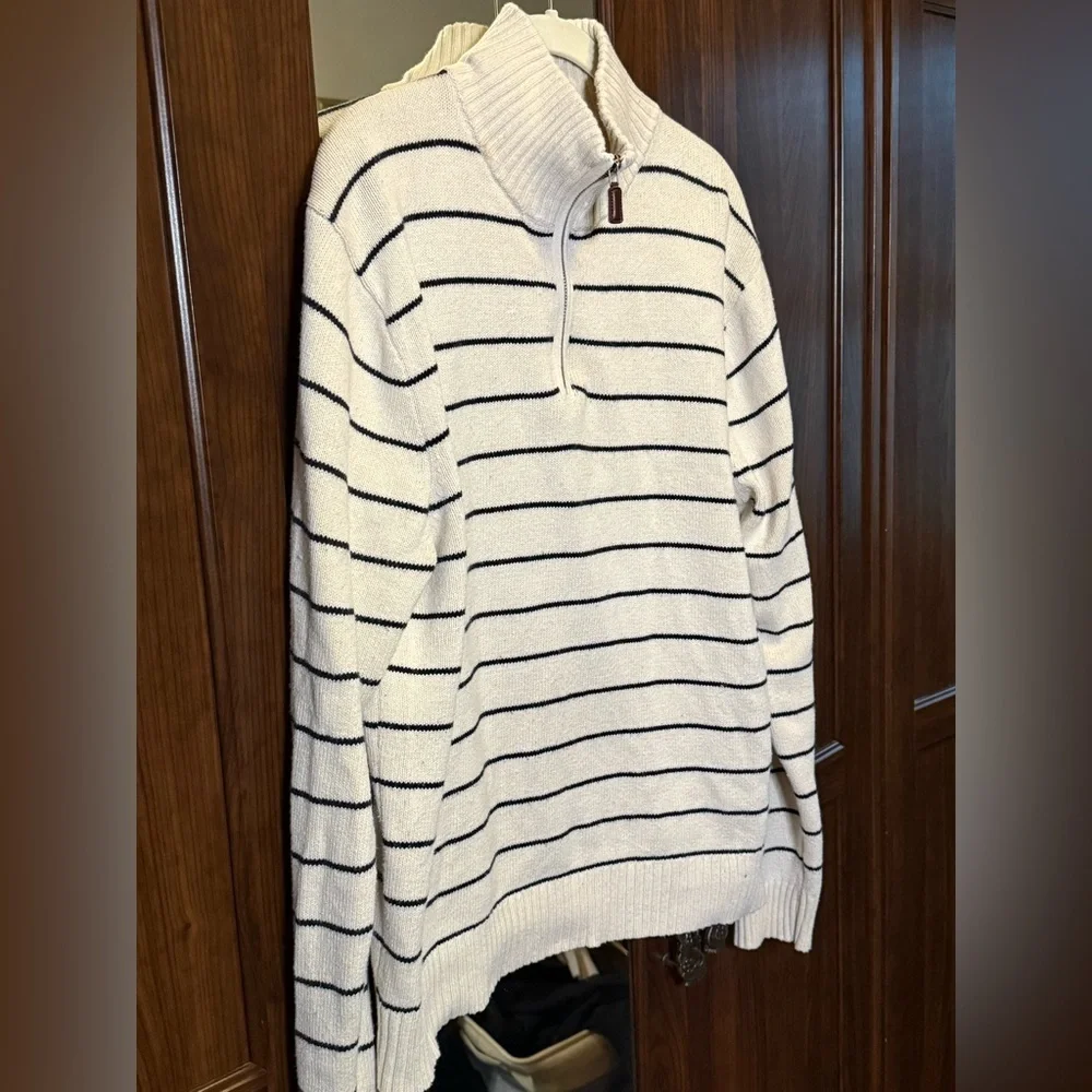 J. Crew Men's Cream and Black Striped Heritage Zip-Up Sweater size Large